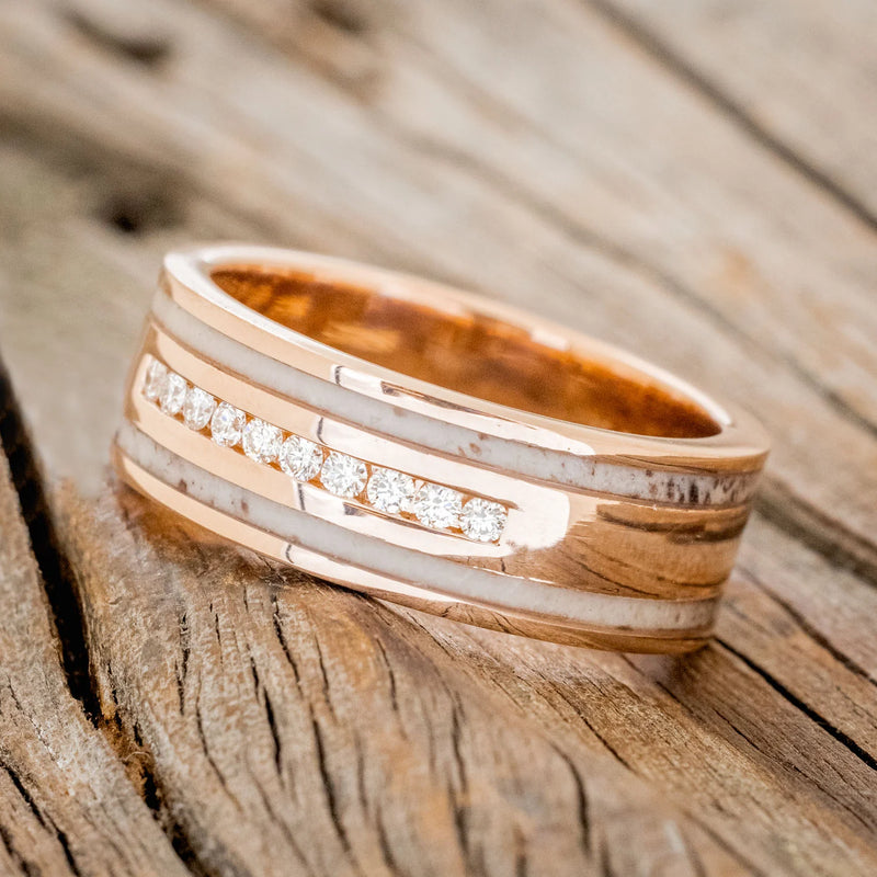 "RYDER" - DIAMONDS & ANTLER INLAYS WEDDING BAND - 14K ROSE GOLD - SIZE 5 1/4-3