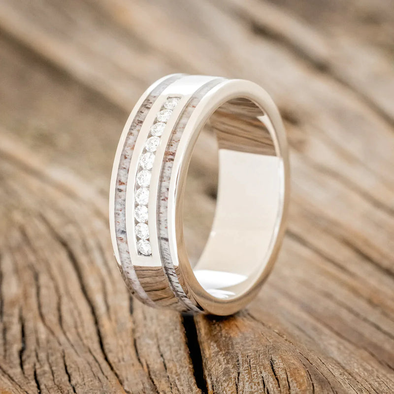 "RYDER" - DIAMONDS & ANTLER INLAYS WEDDING BAND - 14K WHITE GOLD - SIZE 9 1/4-1