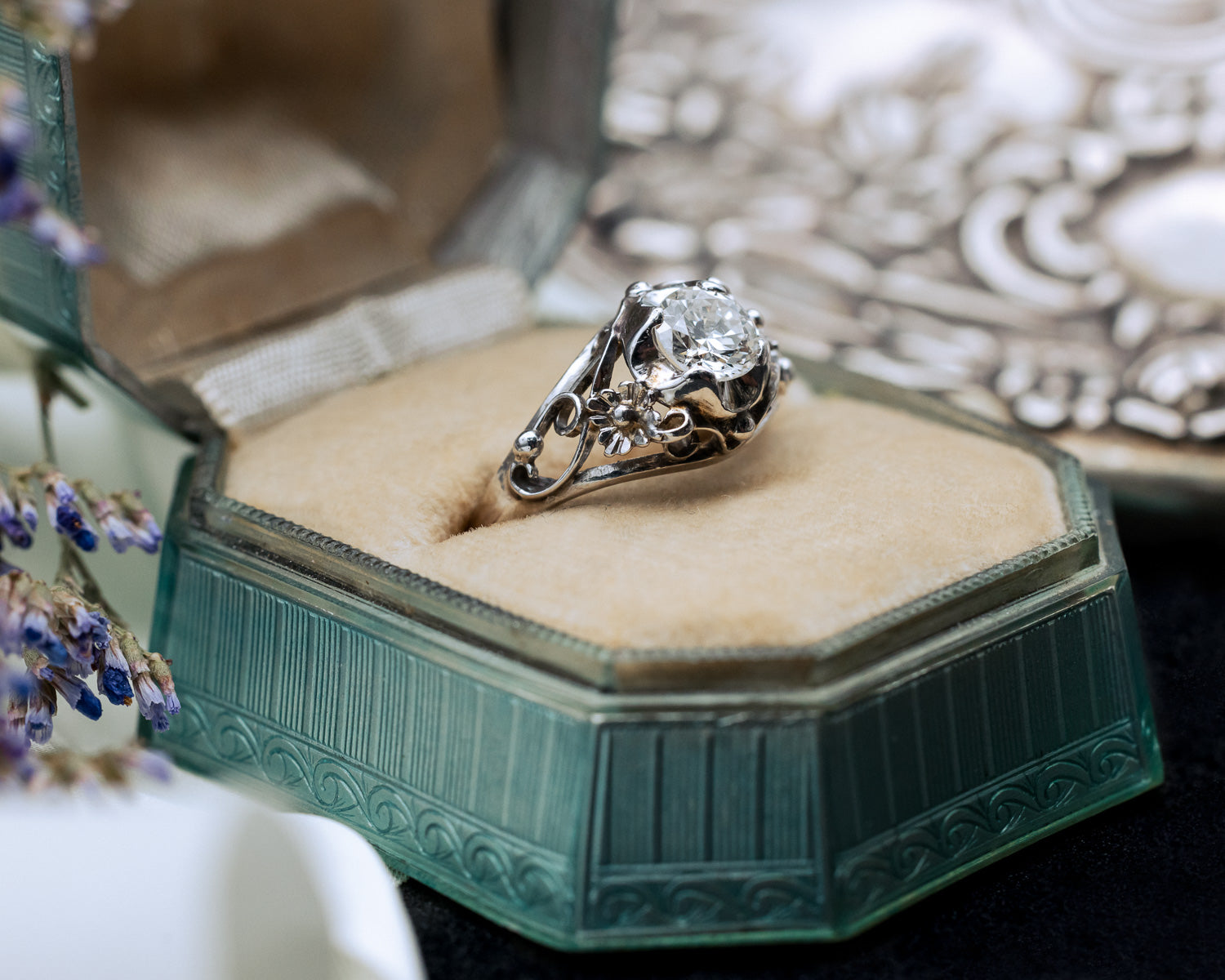 ANTIQUE 14K WHITE GOLD ART DECO DIAMOND FLORAL RING-Staghead Designs