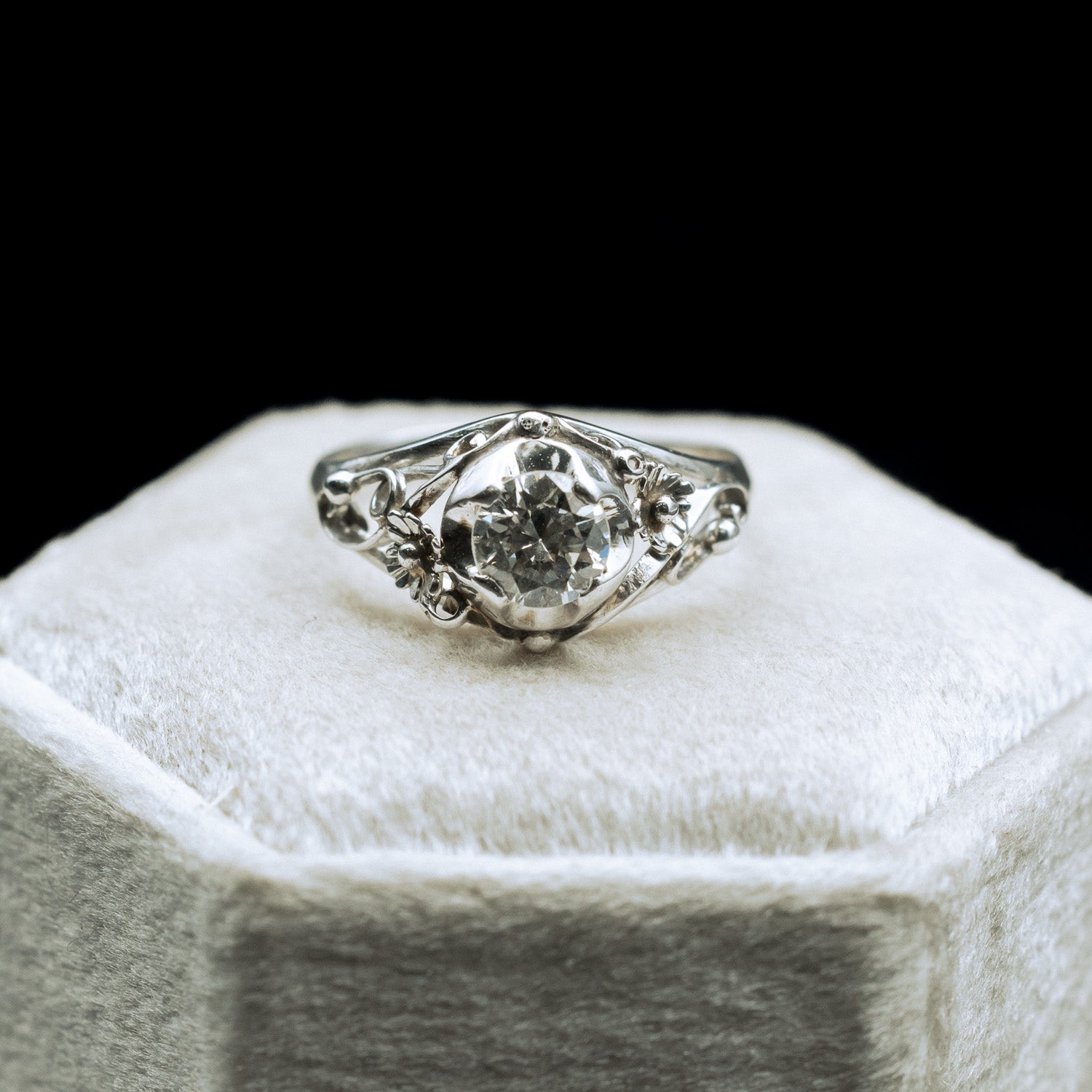 ANTIQUE 14K WHITE GOLD ART DECO DIAMOND FLORAL RING-Staghead Designs