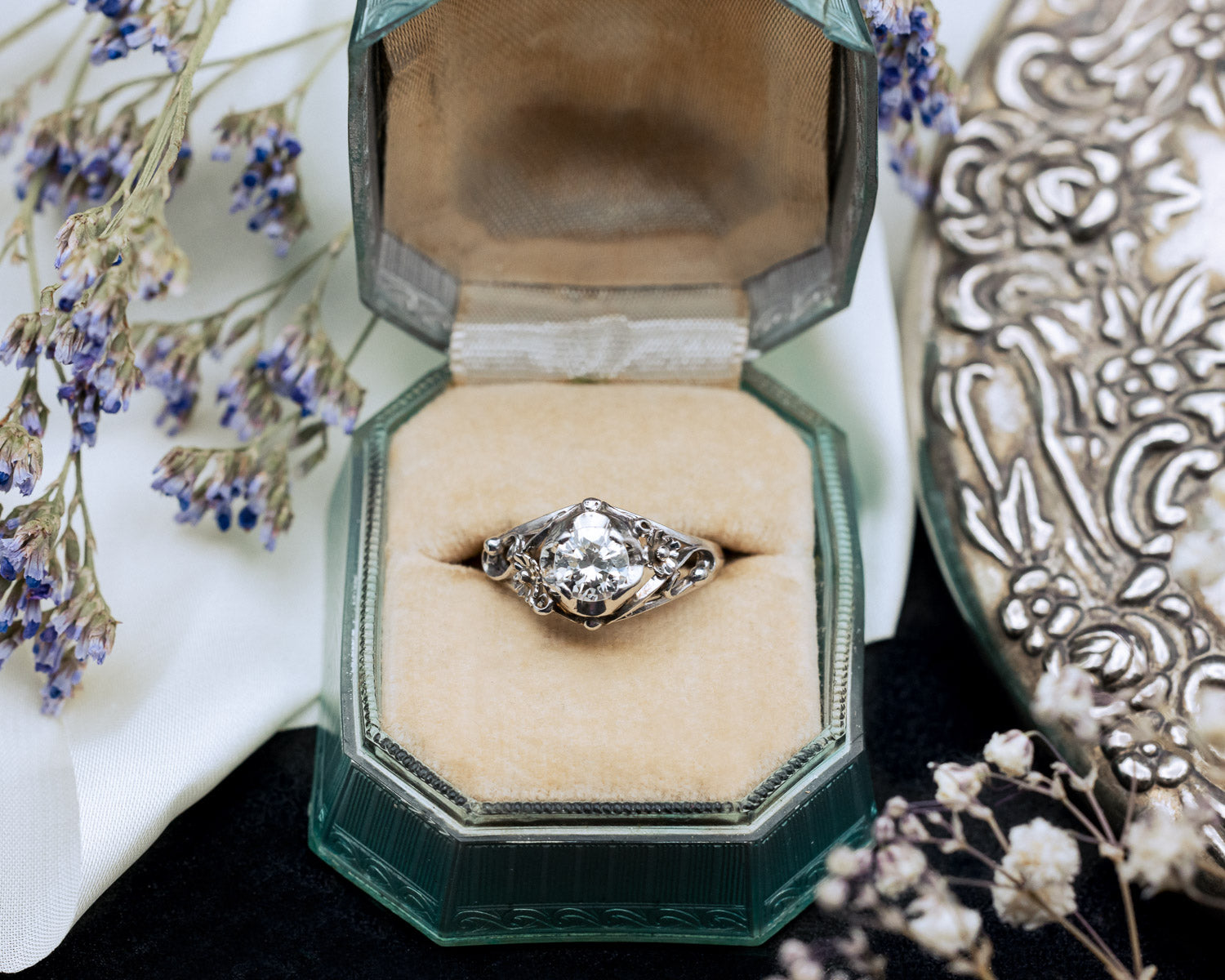 ANTIQUE 14K WHITE GOLD ART DECO DIAMOND FLORAL RING-Staghead Designs