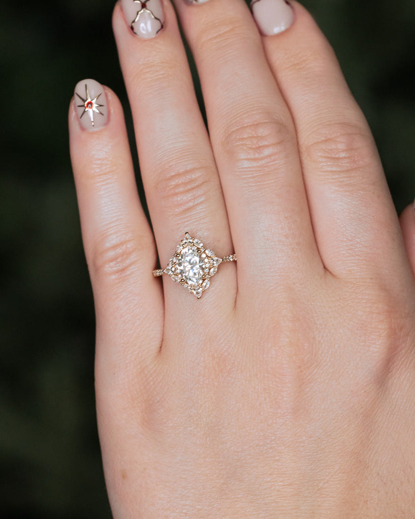 "NORTH STAR" - OVAL ENGAGEMENT RING WITH DIAMOND HALO - READY TO SHIP-Staghead Designs