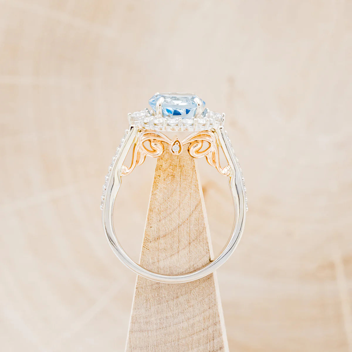 "OPHELIA" - ROUND CUT SKY BLUE TOPAZ ENGAGEMENT RING WITH DIAMOND HALO & ACCENTS - 14K WHITE GOLD WITH 14K ROSE GOLD ACCENTS - SIZE 6 3/4-Staghead Designs