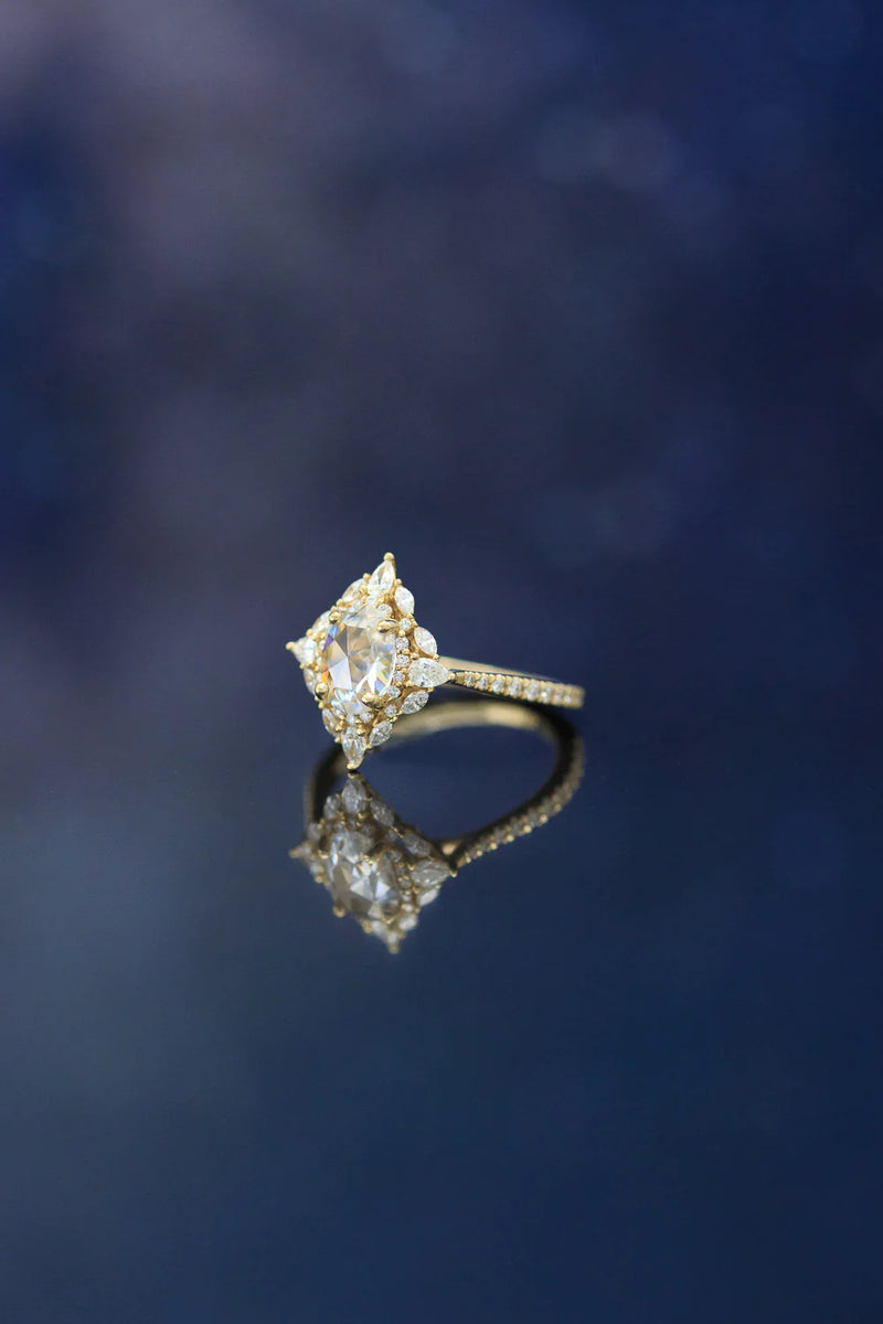 "NORTH STAR" - OVAL MOISSANITE ENGAGEMENT RING WITH DIAMOND HALO - READY TO SHIP