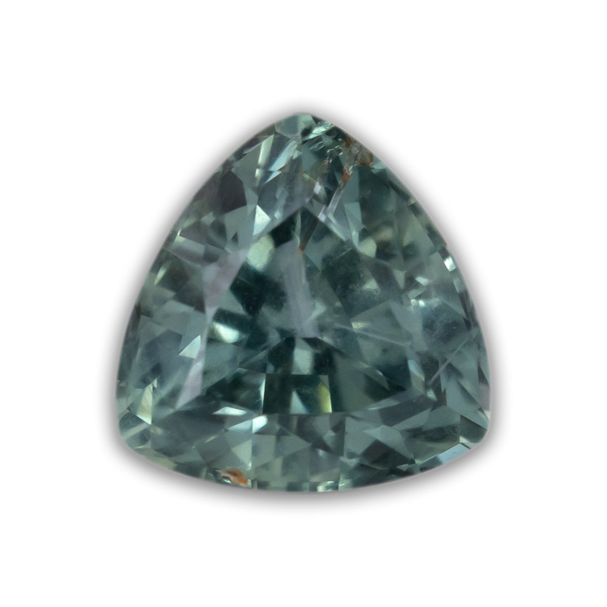 A trillion cut teal sapphire against a white background