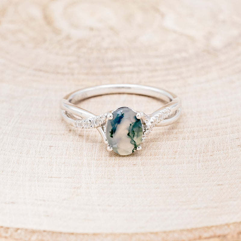 "ROSLYN" - OVAL MOSS AGATE ENGAGEMENT RING WITH DIAMOND ACCENTS - READY TO SHIP