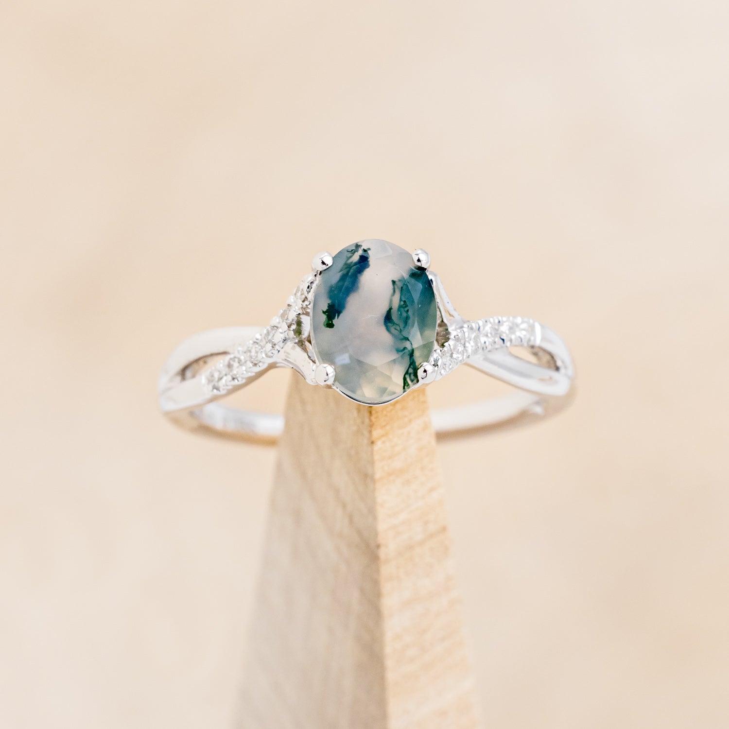 "ROSLYN" - OVAL MOSS AGATE ENGAGEMENT RING WITH DIAMOND ACCENTS - EXPEDITED-7