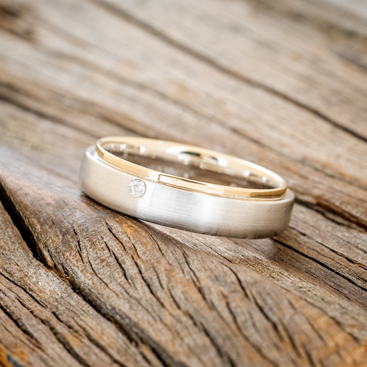 TWO TONE FLAT EDGE MEN'S ENGAGEMENT RING WITH A DIAMOND ACCENT AND A BRUSHED FINISH-2