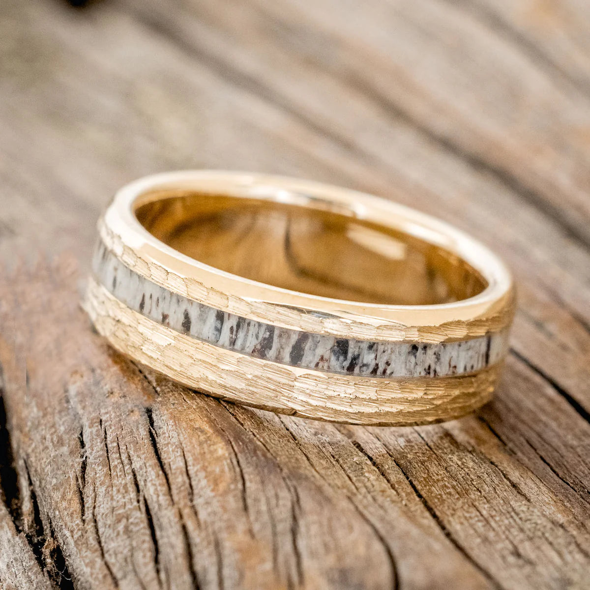 "VERTIGO" - ANTLER WEDDING RING WITH HAMMERED FINISH - 14K YELLOW GOLD (6MM) - SIZE 12-Staghead Designs