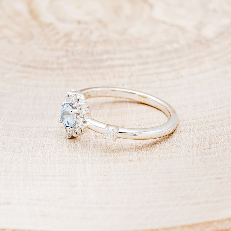 "STARLA" - ROUND CUT AQUAMARINE ENGAGEMENT RING WITH STARBURST DIAMOND HALO & TRACER-27