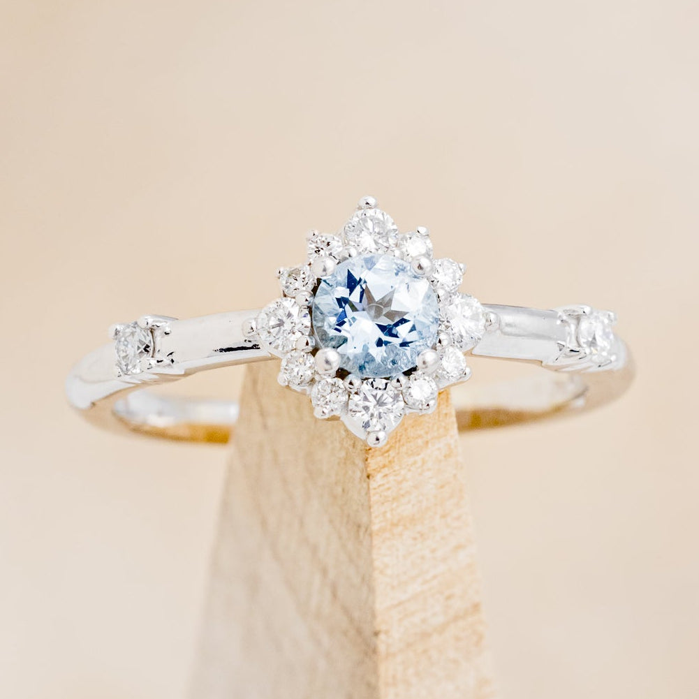 "STARLA" - ROUND CUT AQUAMARINE ENGAGEMENT RING WITH STARBURST DIAMOND HALO & TRACER-25