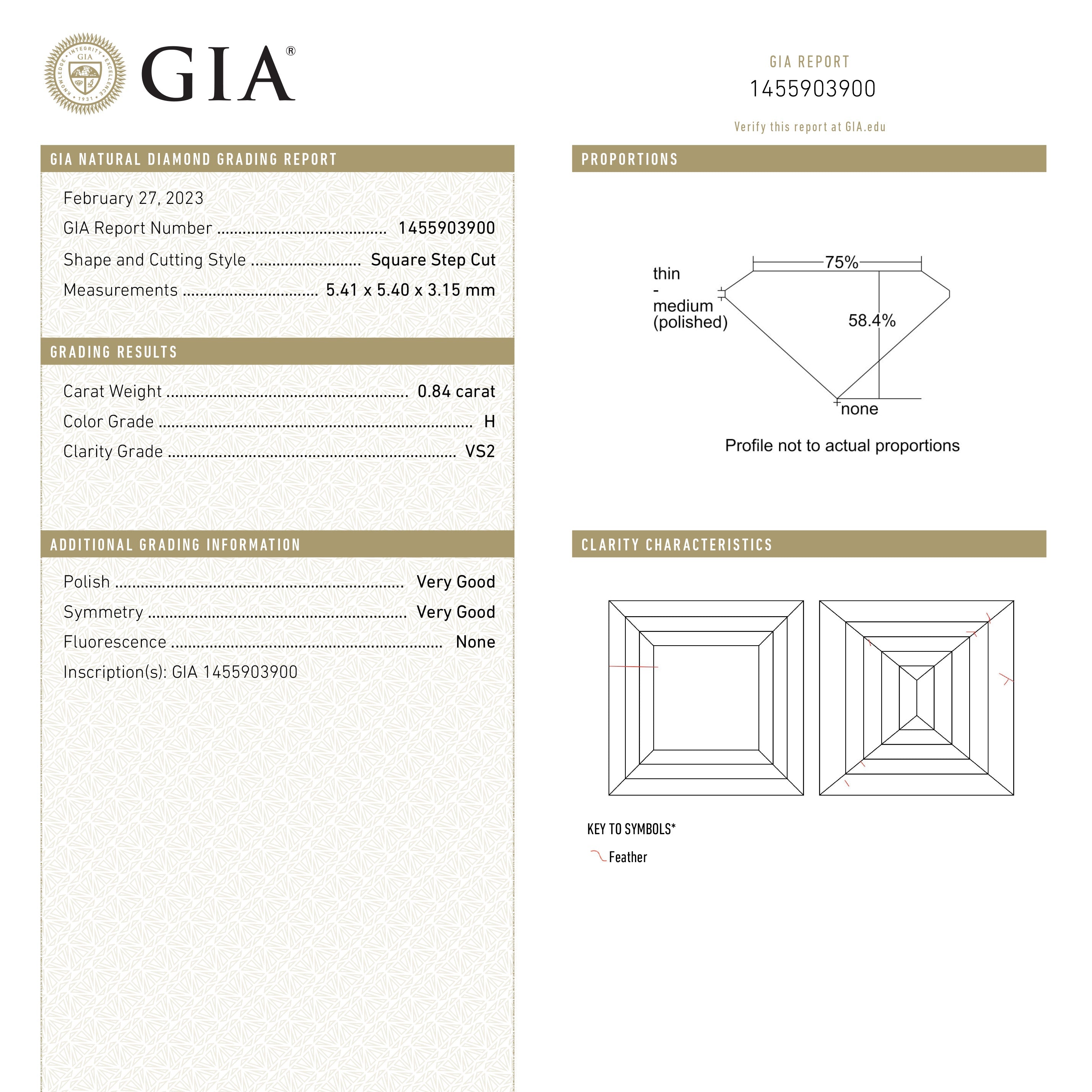 0.84ct 5.39x5.39x3.12mm GIA H VS2 Carré Step Cut 23034-01-Staghead Designs