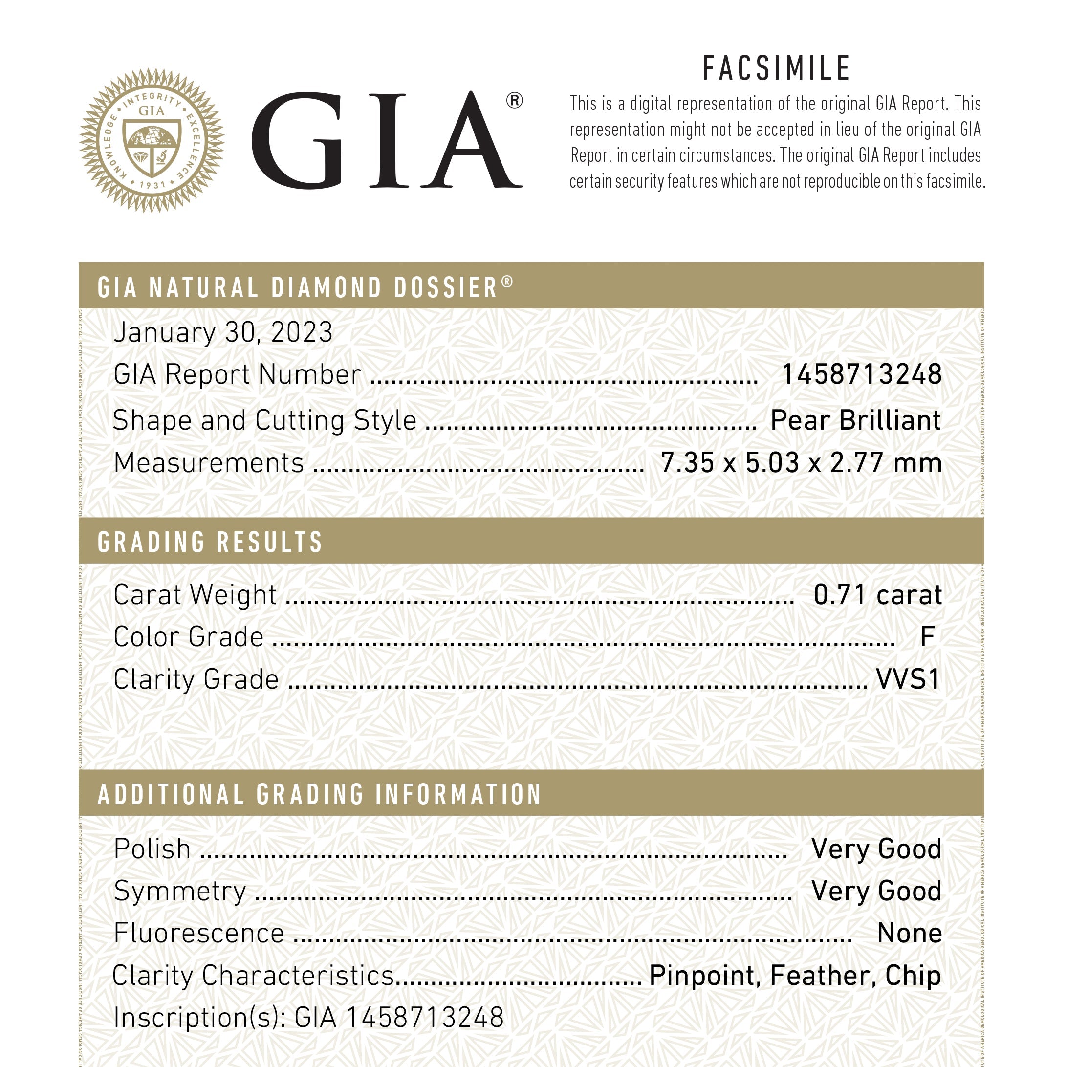 0.71ct 7.35x5.03x2.77mm GIA VVS1 F Pear Brilliant 24447-01-Staghead Designs