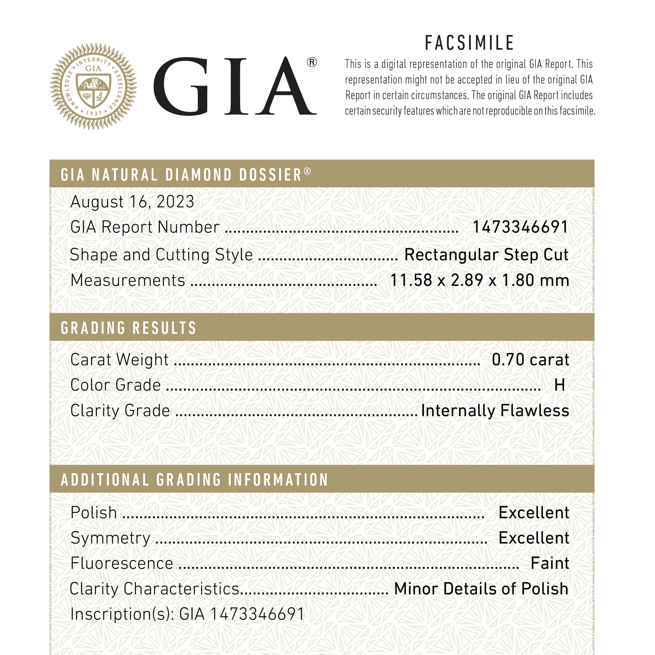 0.70ct 11.58x2.89x1.80mm GIA Internally Flawless H Baguette Step Cut 24300-01-Staghead Designs