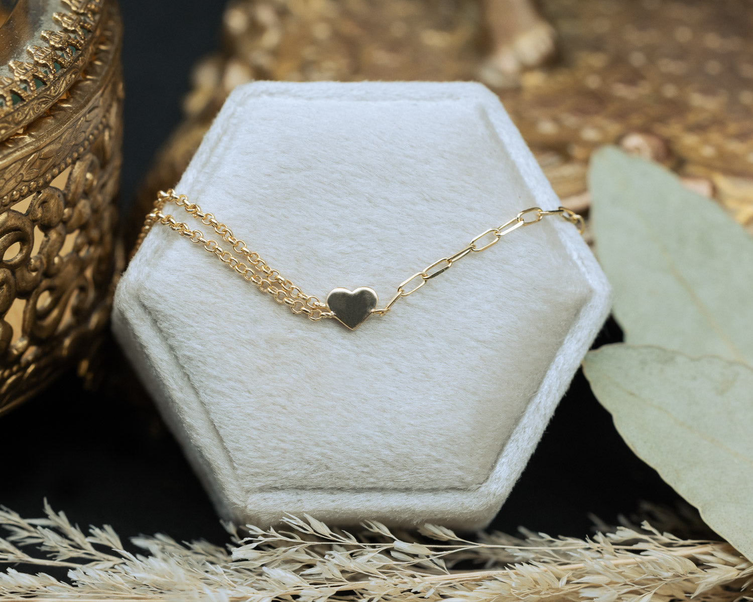 14K GOLD DOUBLE ROLO & PAPERCLIP HEART BRACELET-Staghead Designs