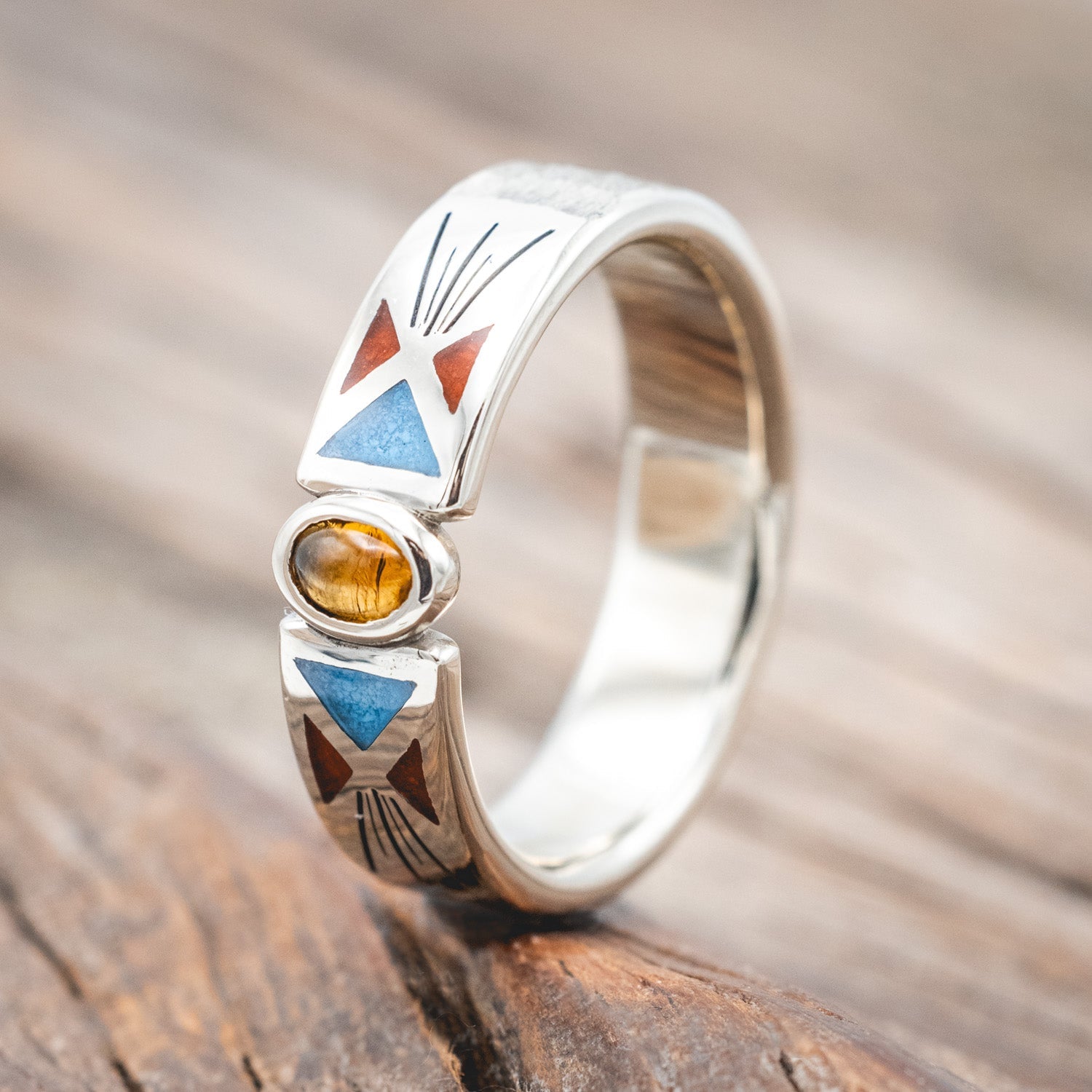 14K GOLD HAMMERED WEDDING BAND WITH BEZEL SET CABOCHON CUT CITRINE WITH JASPER & TURQUOISE INLAYS-Staghead Designs