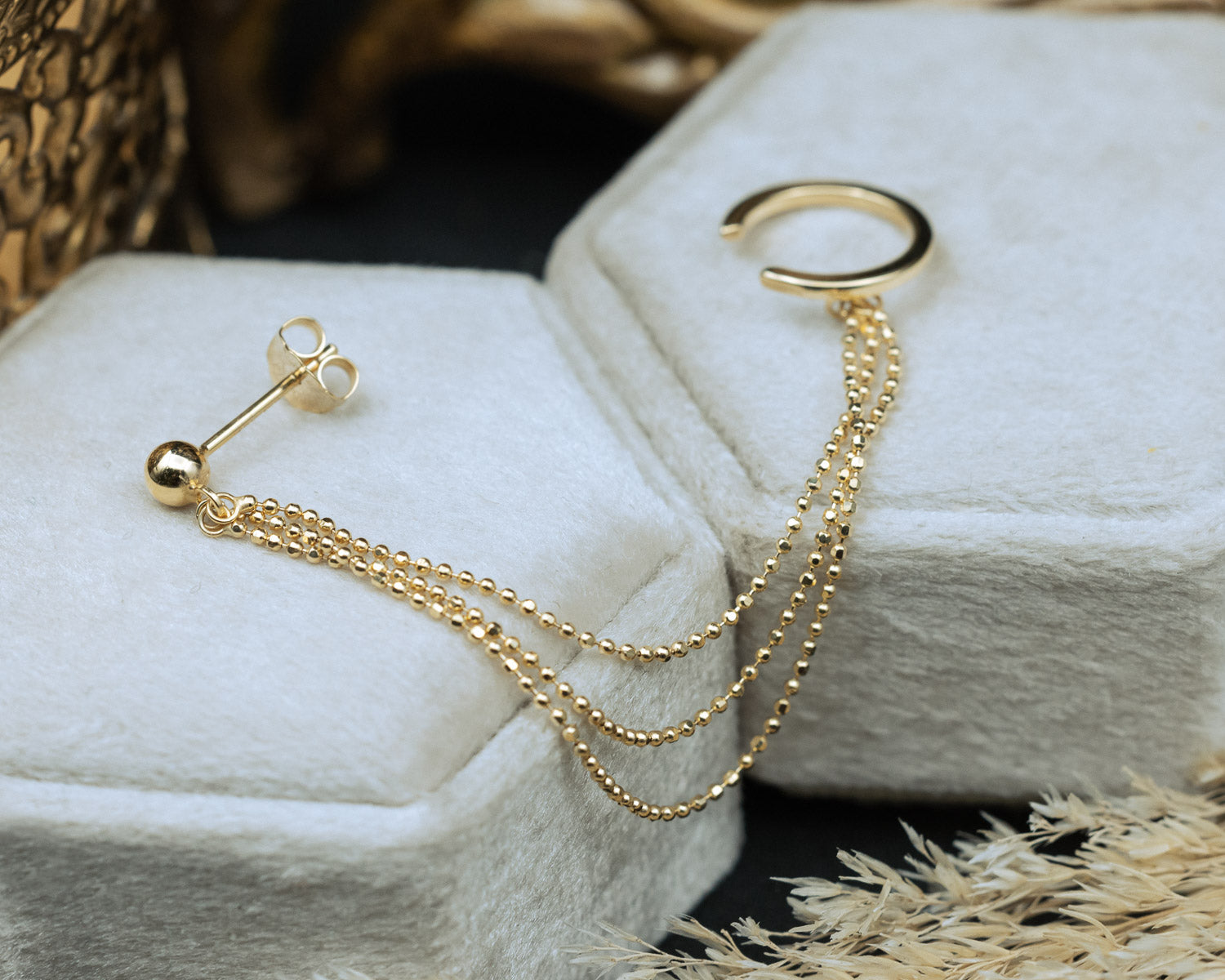 14K GOLD TRIPLE BEAD CHAIN DRAPE EARRINGS WITH EAR CUFF-Staghead Designs