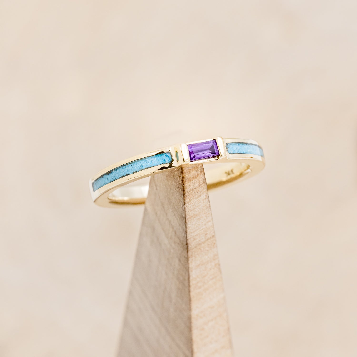 14K GOLD WEDDING BAND WITH AMETHYST CENTER STONE & TURQUOISE INLAYS-1