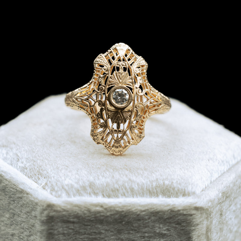 ANTIQUE ART DECO 14K YELLOW GOLD DIAMOND FILIGREE SHIELD RING-Staghead Designs