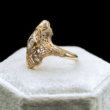 ANTIQUE ART DECO 14K YELLOW GOLD DIAMOND FILIGREE SHIELD RING-Staghead Designs