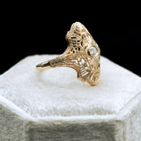 ANTIQUE ART DECO 14K YELLOW GOLD DIAMOND FILIGREE SHIELD RING-Staghead Designs