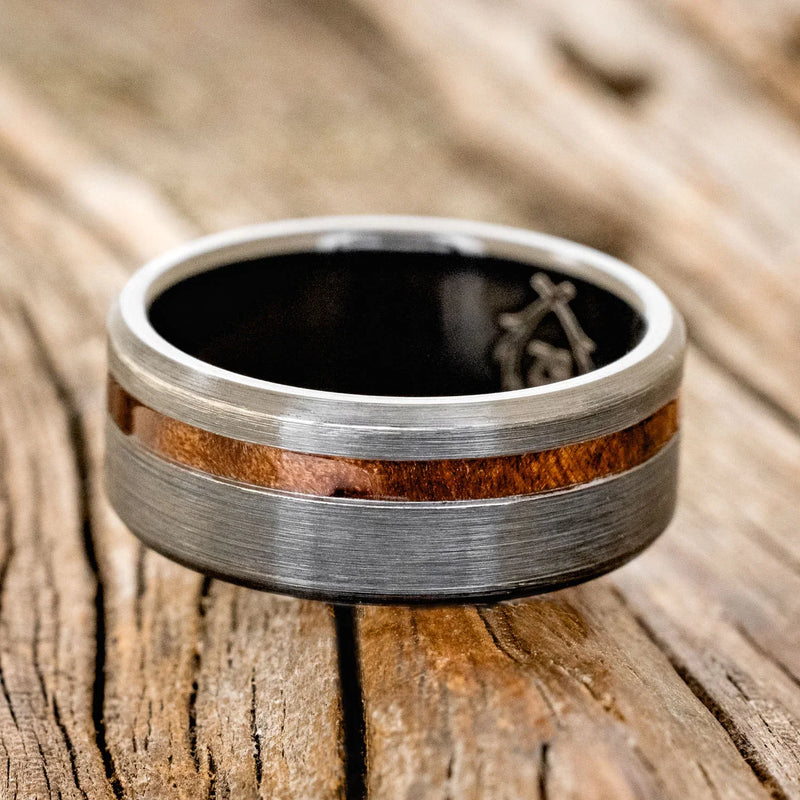 "VERTIGO" - REDWOOD WEDDING RING WITH BRUSHED FINISH - BLACK ZIRCONIUM - SIZE 8 1/2-3