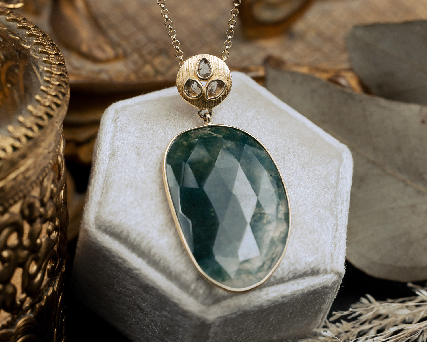 18K GOLD VERMEIL PENDANT WITH MOSS AGATE & DIAMOND ACCENTS - BY JORGE REVILLA-Staghead Designs