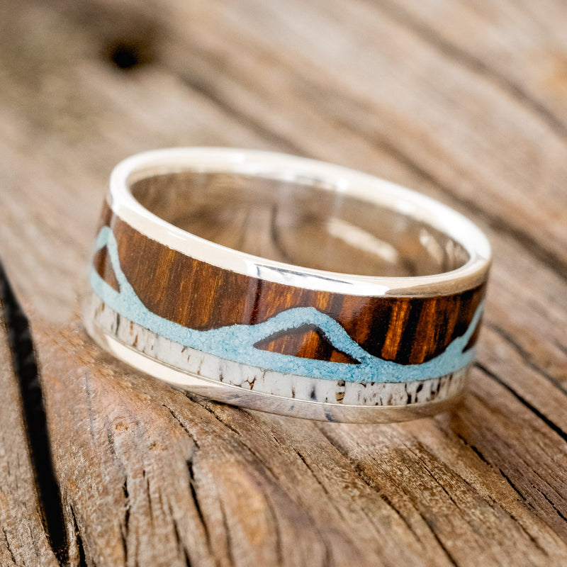 "THE EXPEDITION" - MOUNTAIN ENGRAVED WEDDING RING WITH ANTLER INLAY-Staghead Designs