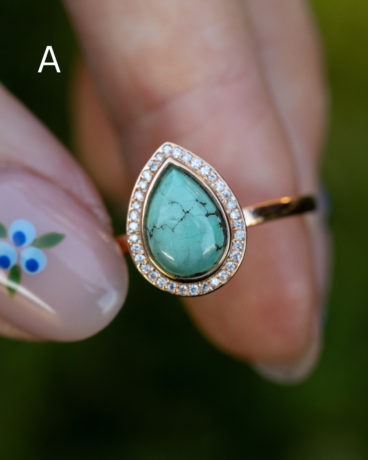 "TERRA" - PEAR-SHAPED TURQUOISE ENGAGEMENT RING WITH DIAMOND HALO - READY TO SHIP-Staghead Designs