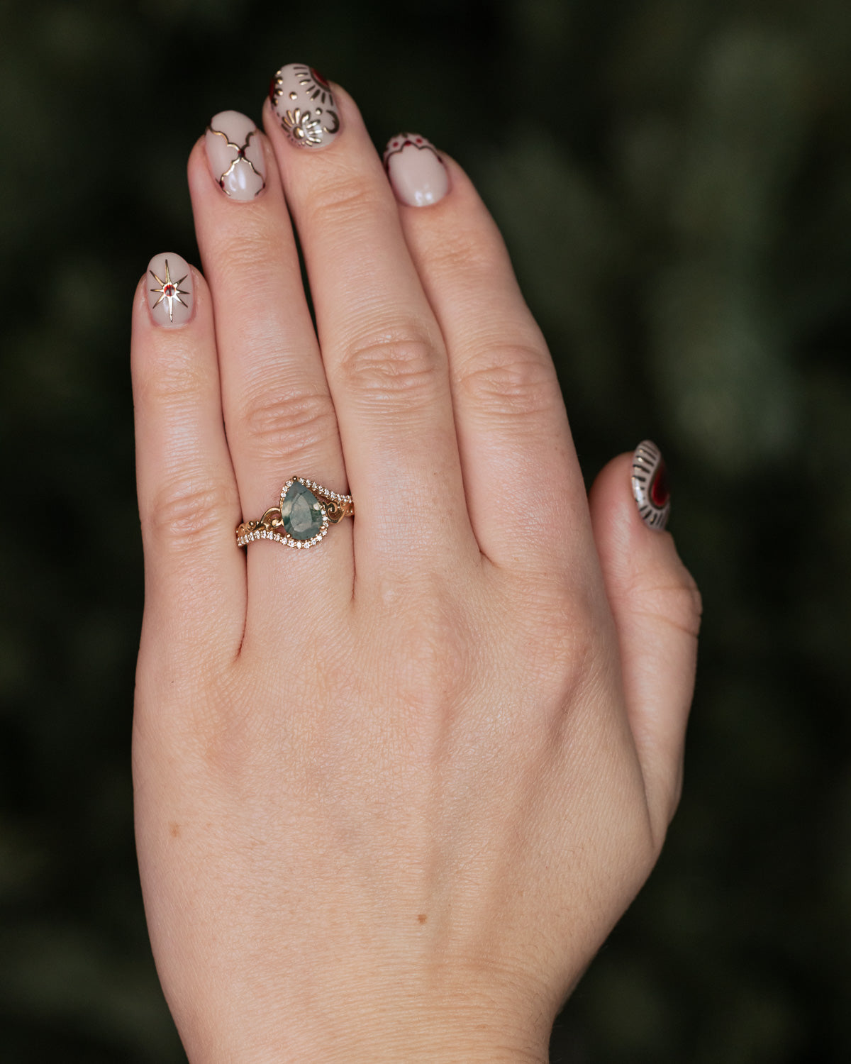 "SCARLET" - PEAR CUT MOSS AGATE ENGAGEMENT RING WITH DIAMOND ACCENTS-Staghead Designs