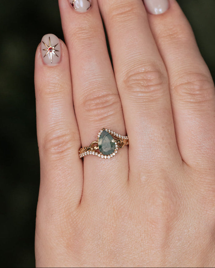 "SCARLET" - PEAR CUT MOSS AGATE ENGAGEMENT RING WITH DIAMOND ACCENTS-Staghead Designs