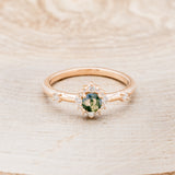 "STARLA" - ROUND MOSS AGATE ENGAGEMENT RING WITH STARBURST DIAMOND HALO - READY TO SHIP