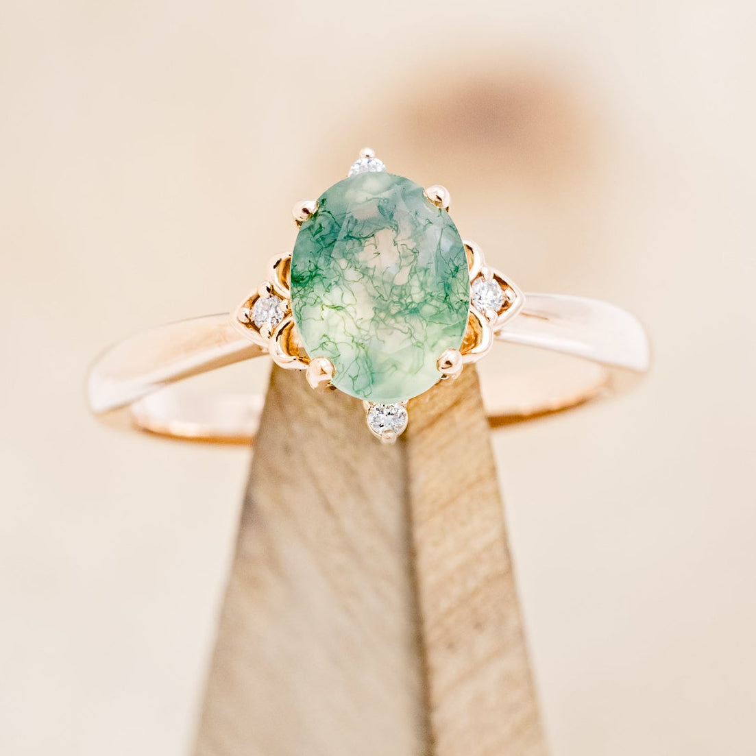 MATCHING SET OF "ZELLA" MOSS AGATE & "DYAD" MOSS & ANTLER INLAY WEDDING RINGS-9