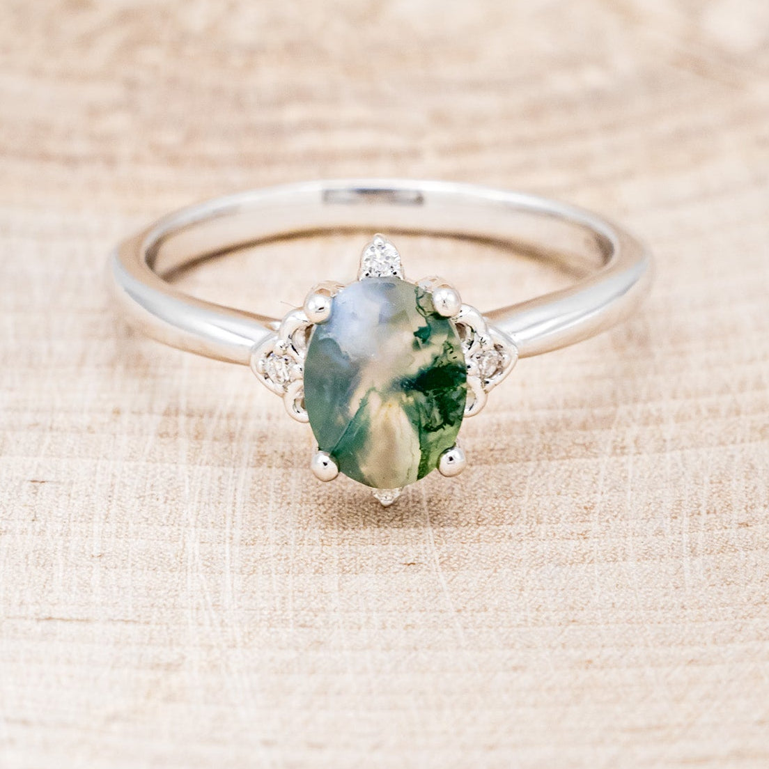MATCHING SET OF "ZELLA" MOSS AGATE & "DYAD" MOSS & ANTLER INLAY WEDDING RINGS-5