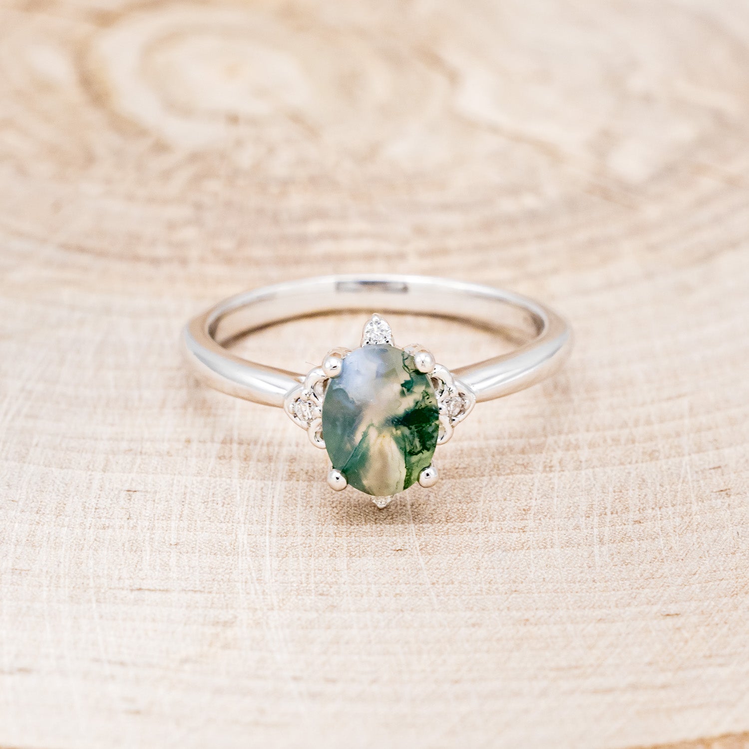 MATCHING SET OF "ZELLA" MOSS AGATE & "DYAD" MOSS & ANTLER INLAY WEDDING RINGS-5