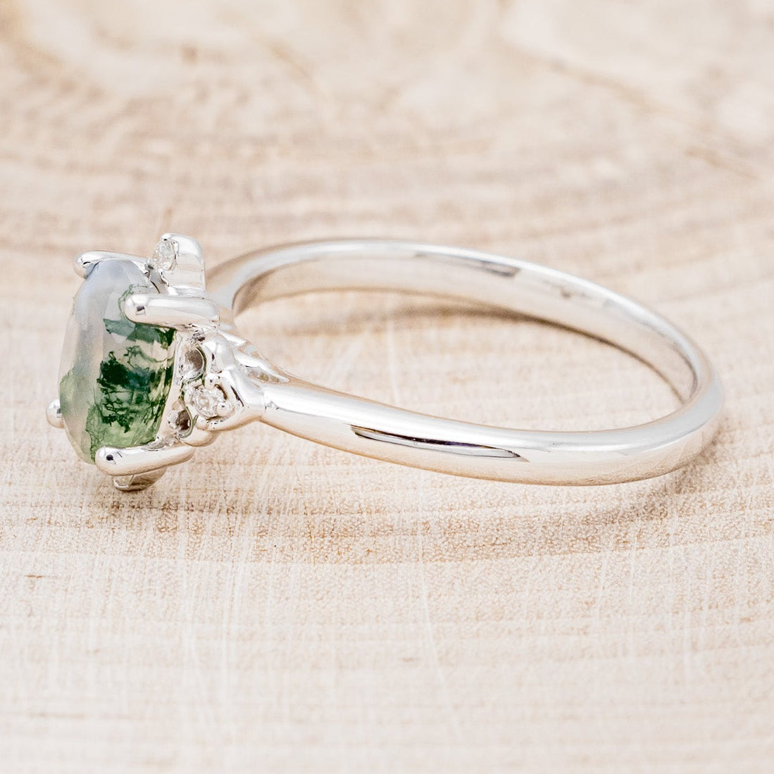 MATCHING SET OF "ZELLA" MOSS AGATE & "DYAD" MOSS & ANTLER INLAY WEDDING RINGS-4