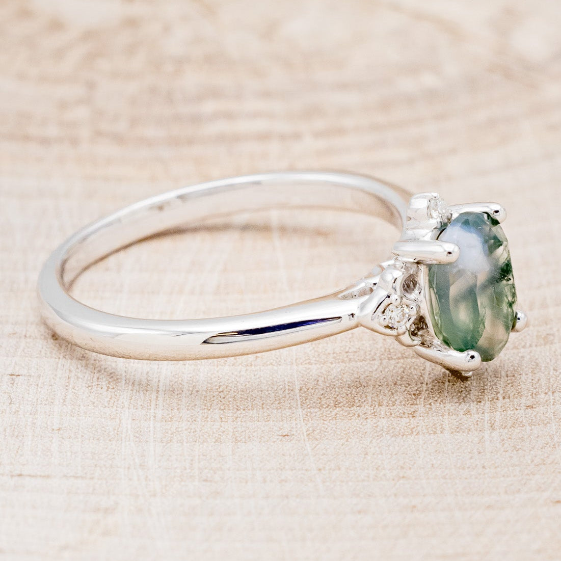 MATCHING SET OF "ZELLA" MOSS AGATE & "DYAD" MOSS & ANTLER INLAY WEDDING RINGS-3