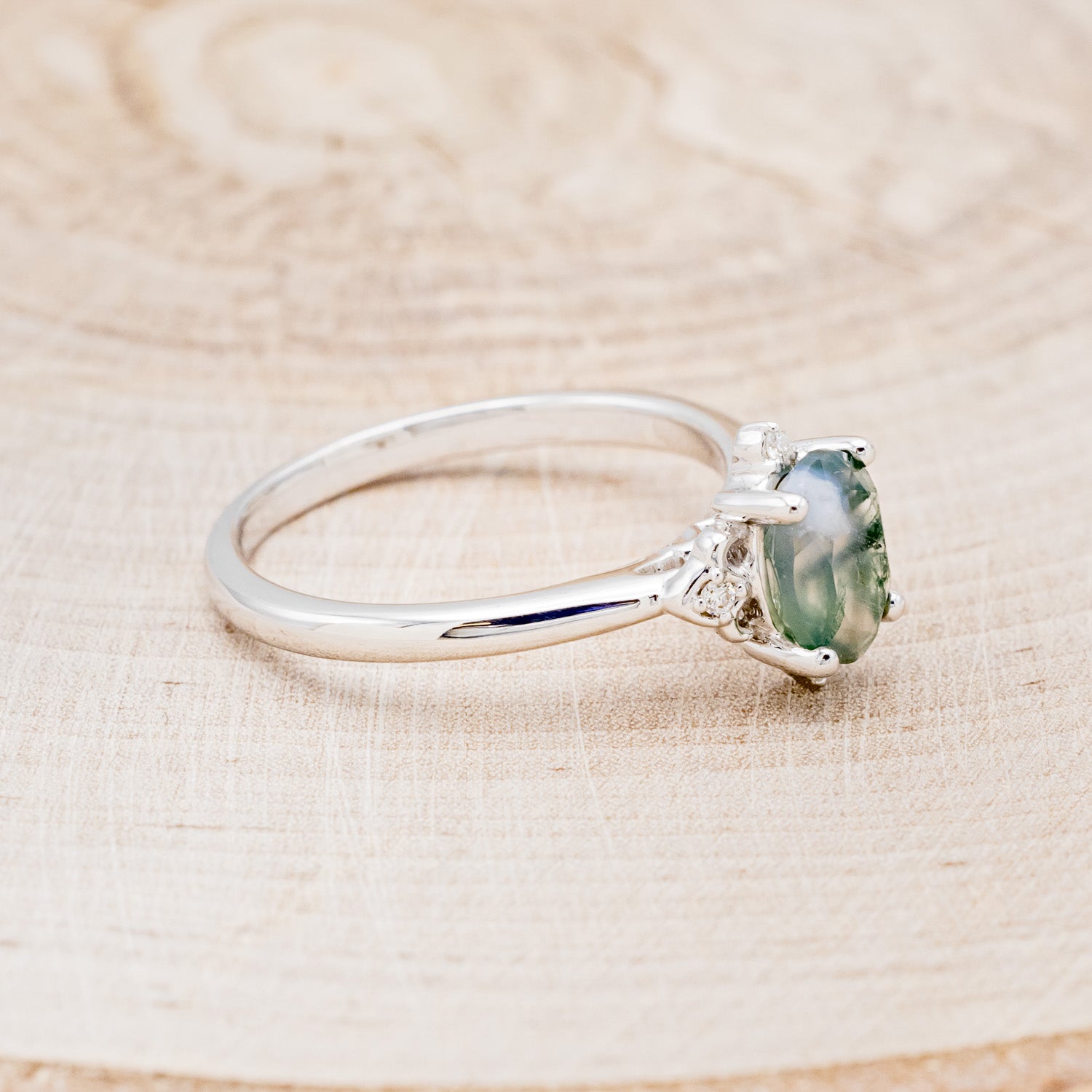 MATCHING SET OF "ZELLA" MOSS AGATE & "DYAD" MOSS & ANTLER INLAY WEDDING RINGS-3