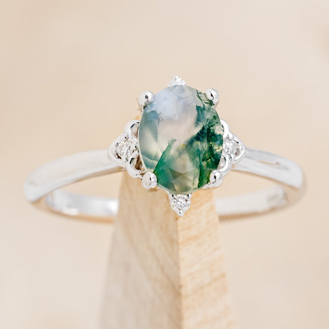 MATCHING SET OF "ZELLA" MOSS AGATE & "DYAD" MOSS & ANTLER INLAY WEDDING RINGS-2