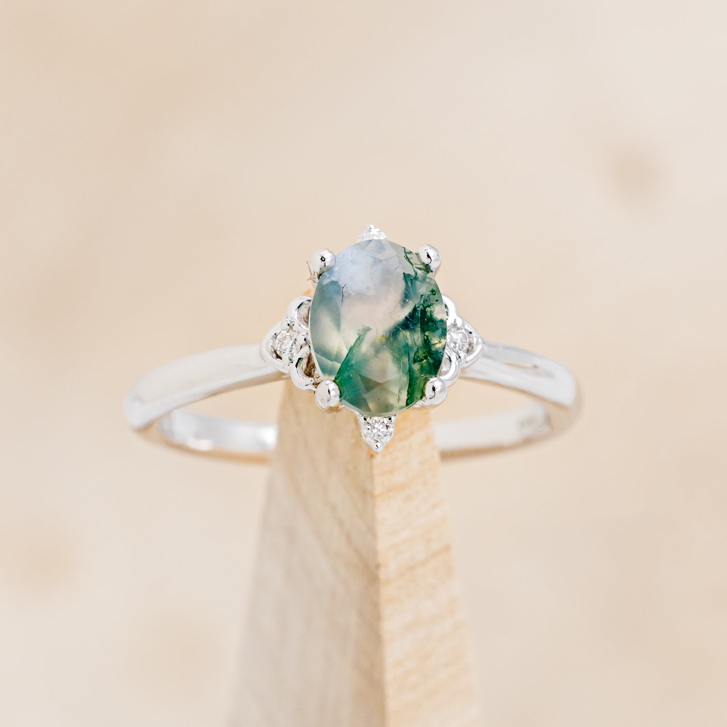 MATCHING SET OF "ZELLA" MOSS AGATE & "DYAD" MOSS & ANTLER INLAY WEDDING RINGS-2