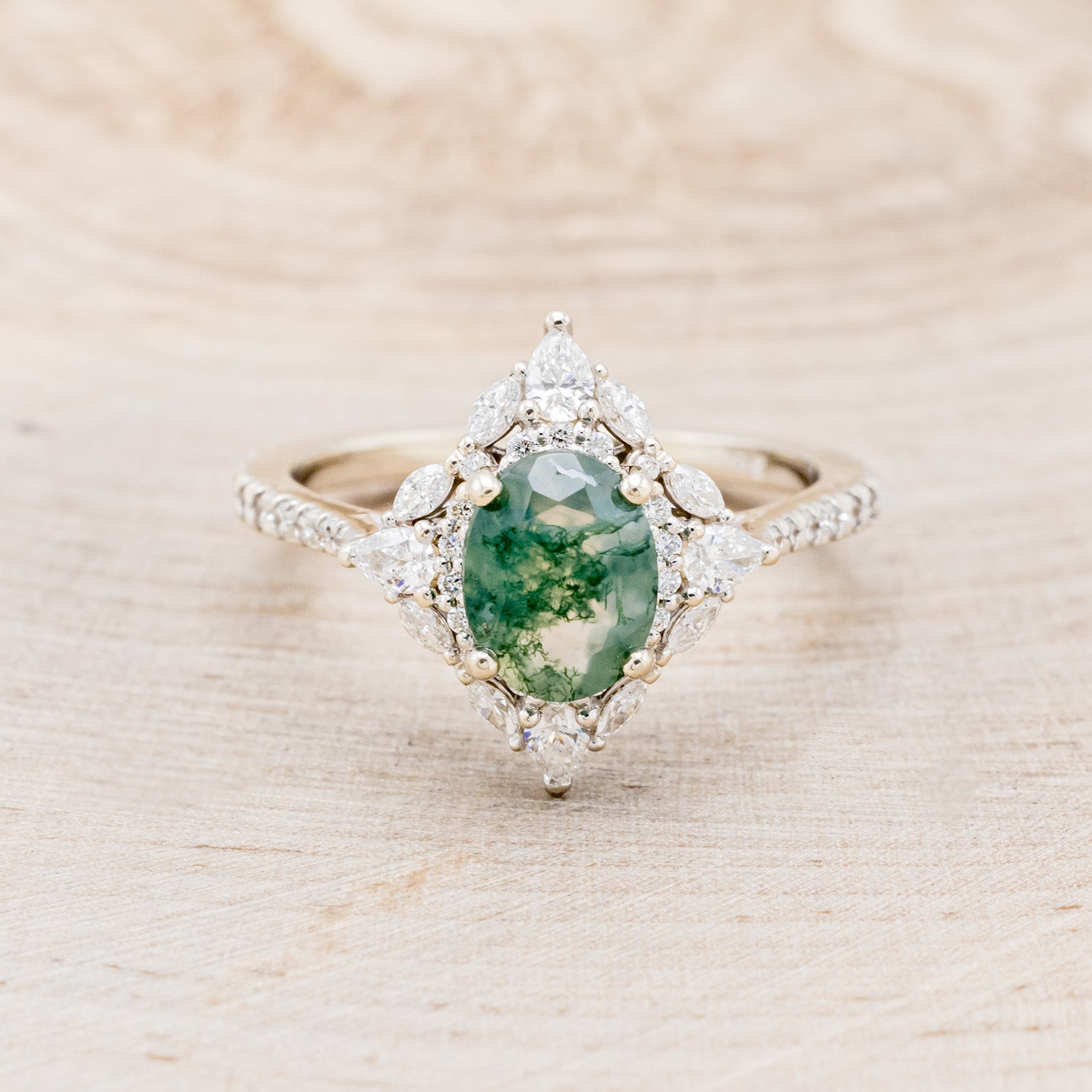 "NORTH STAR" - OVAL MOSS AGATE ENGAGEMENT RING WITH DIAMOND HALO, DIAMOND ACCENTS, & A DIAMOND TRACER-28