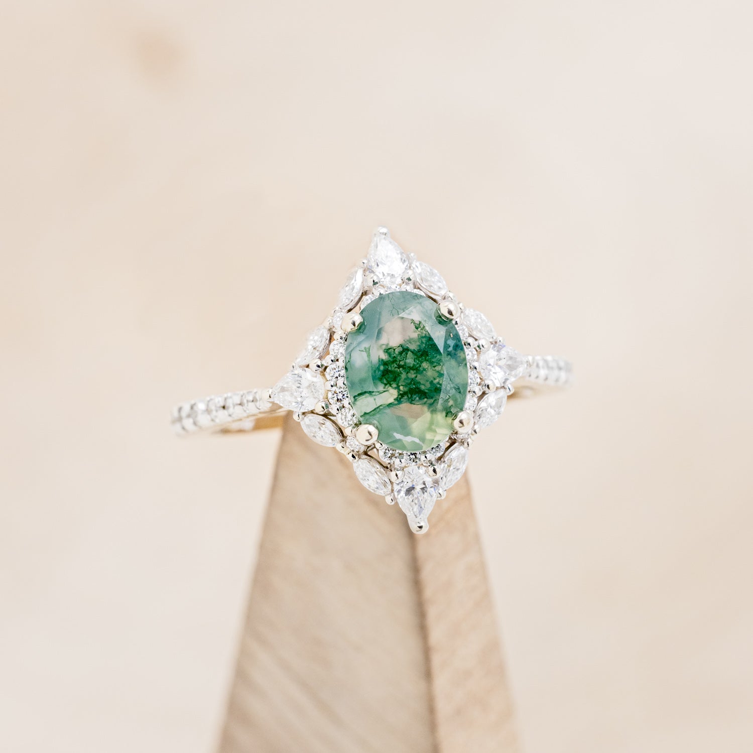 "NORTH STAR" - OVAL MOSS AGATE ENGAGEMENT RING WITH DIAMOND HALO, DIAMOND ACCENTS, & A DIAMOND TRACER-25