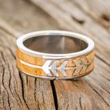 "SLANT" - CHANNEL EMBOSSED ARROWS WEDDING BAND WITH WHISKEY BARREL WOOD - TITANIUM - SIZE 10 1/2-3