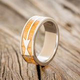 "SLANT" - CHANNEL EMBOSSED ARROWS WEDDING BAND WITH WHISKEY BARREL WOOD - TITANIUM - SIZE 10 1/2-1