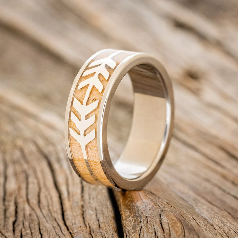 "SLANT" - CHANNEL EMBOSSED ARROWS WEDDING BAND WITH WHISKEY BARREL WOOD - TITANIUM - SIZE 10 1/2-4