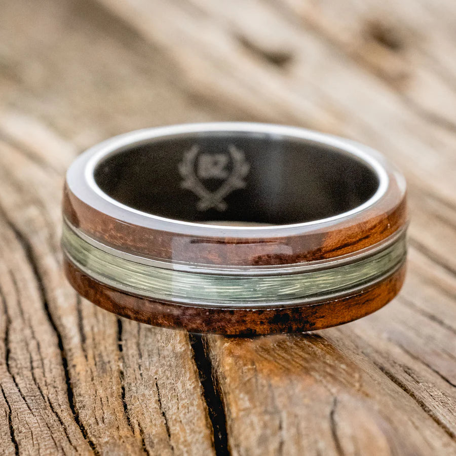 "GLEN" - KOA WOOD & FISHING LINE WEDDING RING - BLACK ZIRCONIUM - SIZE 10 1/2-Staghead Designs