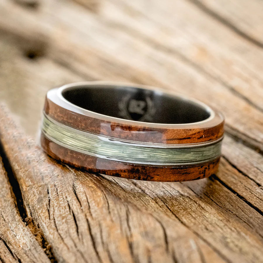 "GLEN" - KOA WOOD & FISHING LINE WEDDING RING - BLACK ZIRCONIUM - SIZE 10 1/2-Staghead Designs