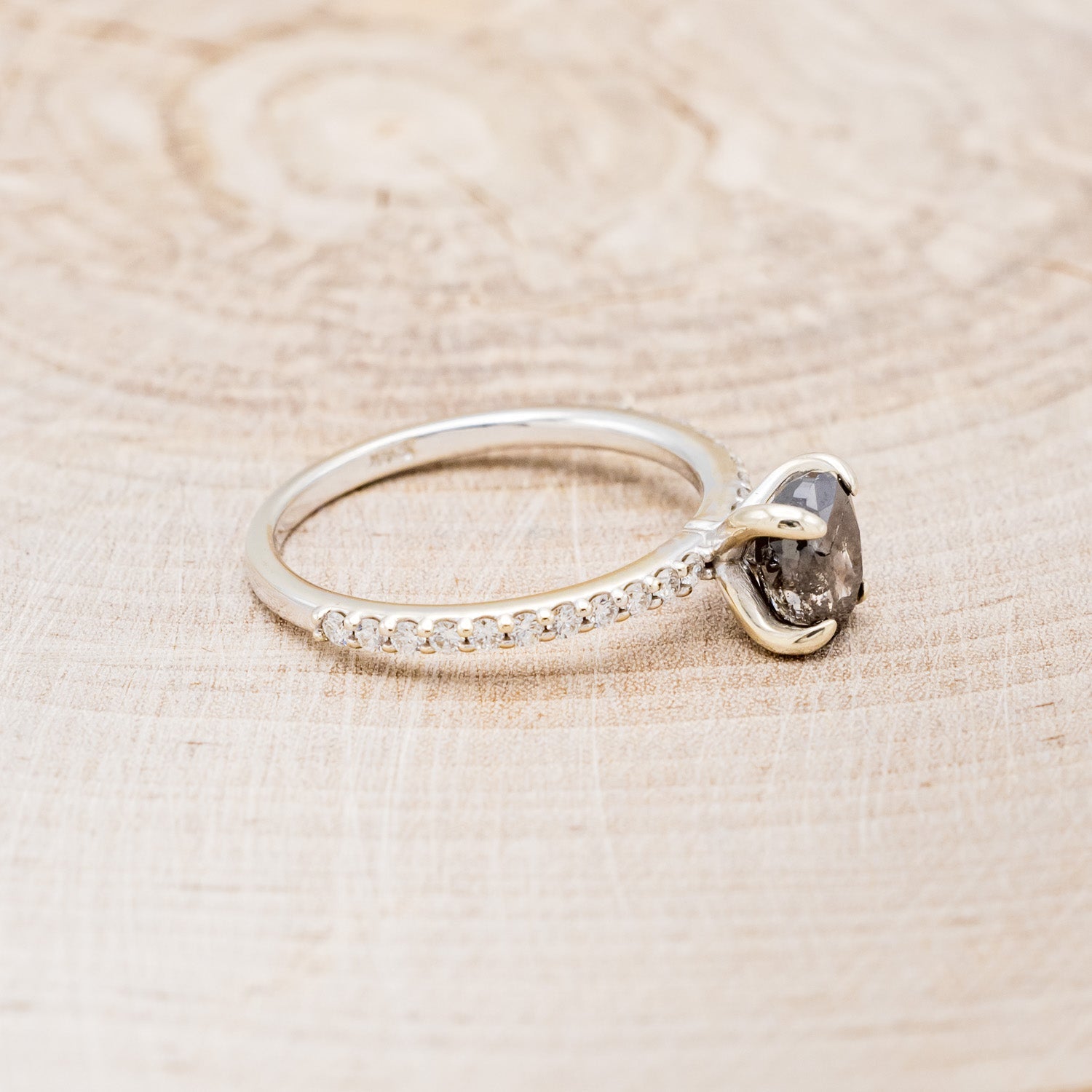 "MON PETIT" - PAVÉ OVAL SALT & PEPPER DIAMOND SOLITAIRE ENGAGEMENT RING- 14K WHITE GOLD - SIZE 5 1/2-2