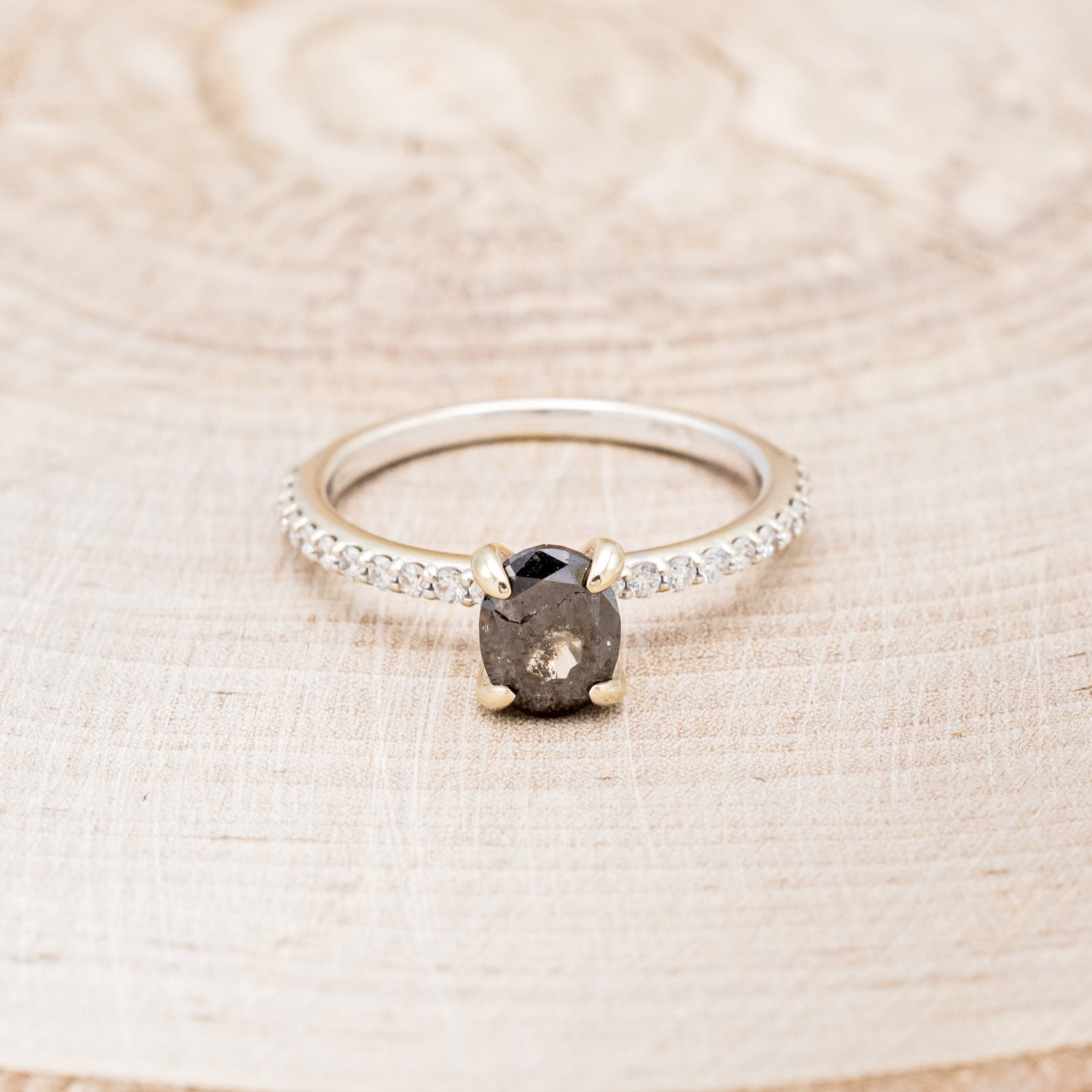 "MON PETIT" - PAVÉ OVAL SALT & PEPPER DIAMOND SOLITAIRE ENGAGEMENT RING- 14K WHITE GOLD - SIZE 5 1/2-4