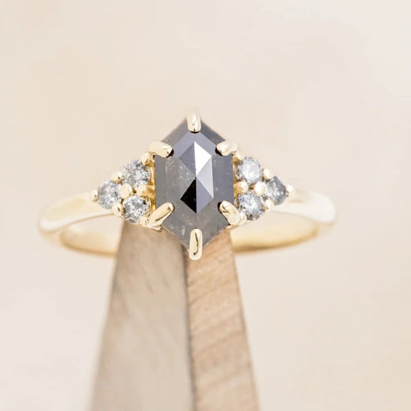 "OCTAVIA" - ELONGATED HEXAGON ROSECUT SALT & PEPPER DIAMOND ENGAGEMENT RING & TRACER